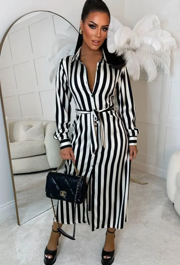 LILY WHITE Call Me Chic Monochrome Satin Shoulder Pad Striped Belted Midi Shirt Dress Limited Edition<Women Dresses