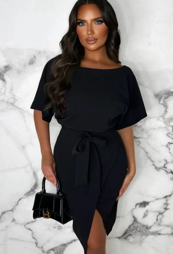 EVITA Came Here For Love Black Belted Wrap Front Midi Dress<Women Dresses