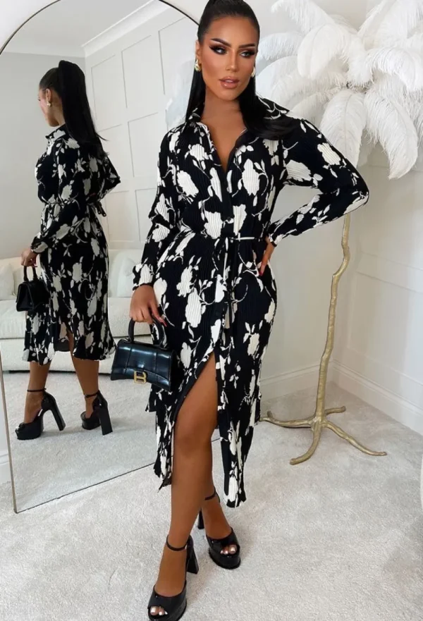 LILY WHITE Camellia Black Floral Print Plisse Belted Midi Shirt Dress Limited Edition<Women Dresses