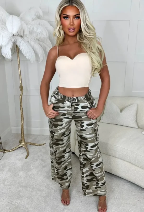 STYLEWISE Camo Cargo Diva Camo Print Sand Wide Leg Stretch Trousers<Women Trousers & Leggings