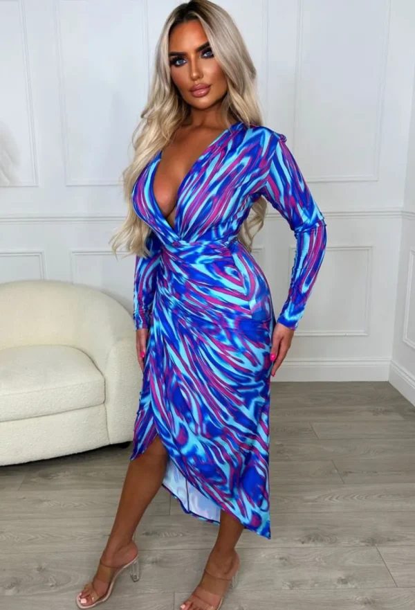 ANGEL EYE Chasing Rainbows Blue Shoulder Padded Long Sleeve Ruched Midi Dress<Women Summer Dresses