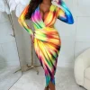 ANGEL EYE Chasing Rainbows Multi Shoulder Padded Long Sleeve Ruched Midi Dress<Women Summer Dresses