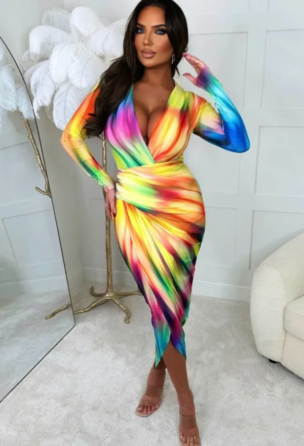 ANGEL EYE Chasing Rainbows Multi Shoulder Padded Long Sleeve Ruched Midi Dress<Women Summer Dresses