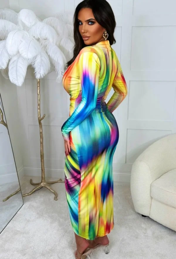 ANGEL EYE Chasing Rainbows Multi Shoulder Padded Long Sleeve Ruched Midi Dress<Women Summer Dresses