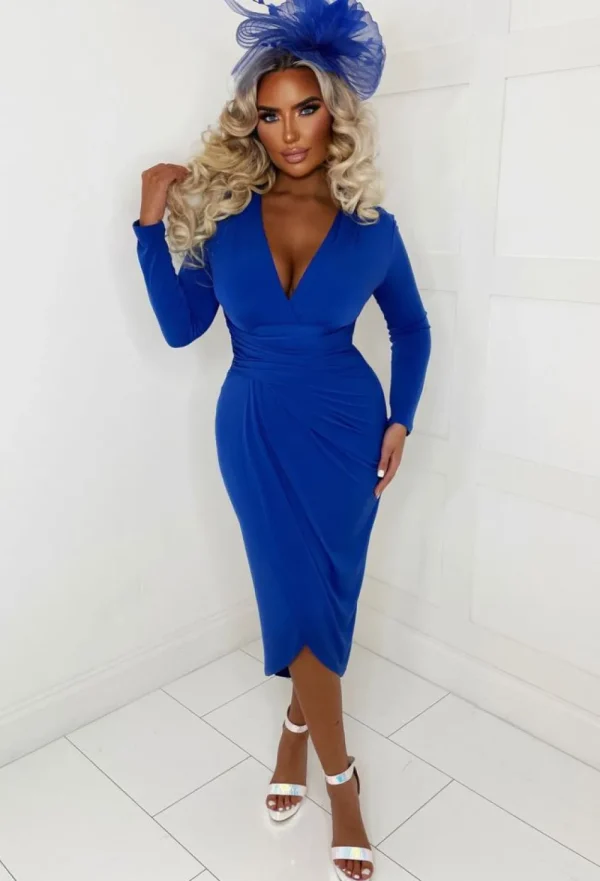 ANGEL EYE Chasing Romance Cobalt Long Sleeve Stretch Ruched Midi Dress<Women Dresses