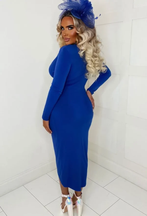 ANGEL EYE Chasing Romance Cobalt Long Sleeve Stretch Ruched Midi Dress<Women Dresses