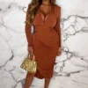 ANGEL EYE Chasing Romance Rust Long Sleeve Ruched Midi Dress<Women Summer Dresses