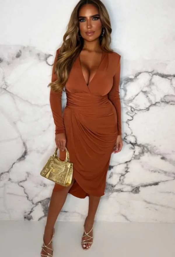 ANGEL EYE Chasing Romance Rust Long Sleeve Ruched Midi Dress<Women Summer Dresses