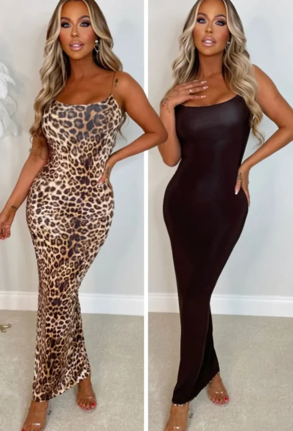 SOFT TOUCH Cheetah Fever Brown Reversible Backless Maxi Dress<Women Dresses