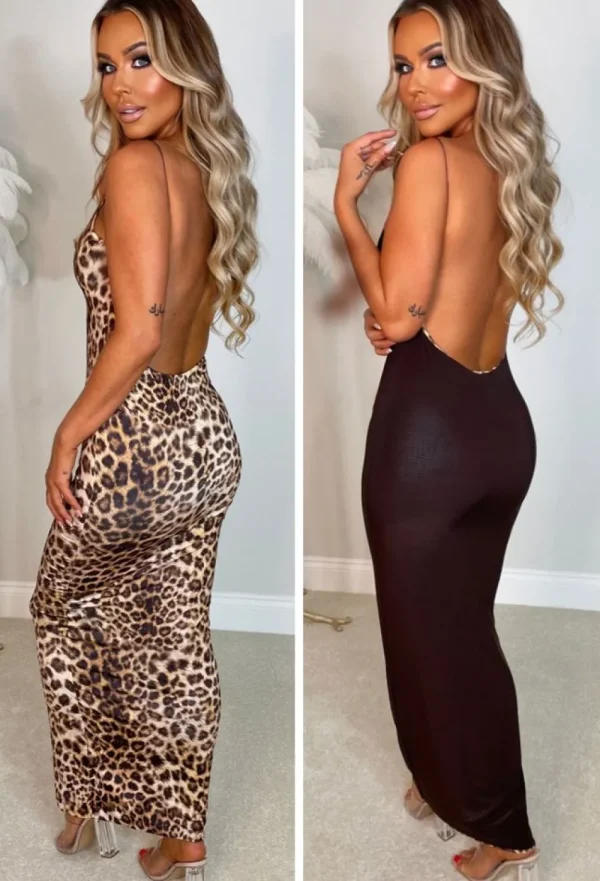 SOFT TOUCH Cheetah Fever Brown Reversible Backless Maxi Dress<Women Dresses