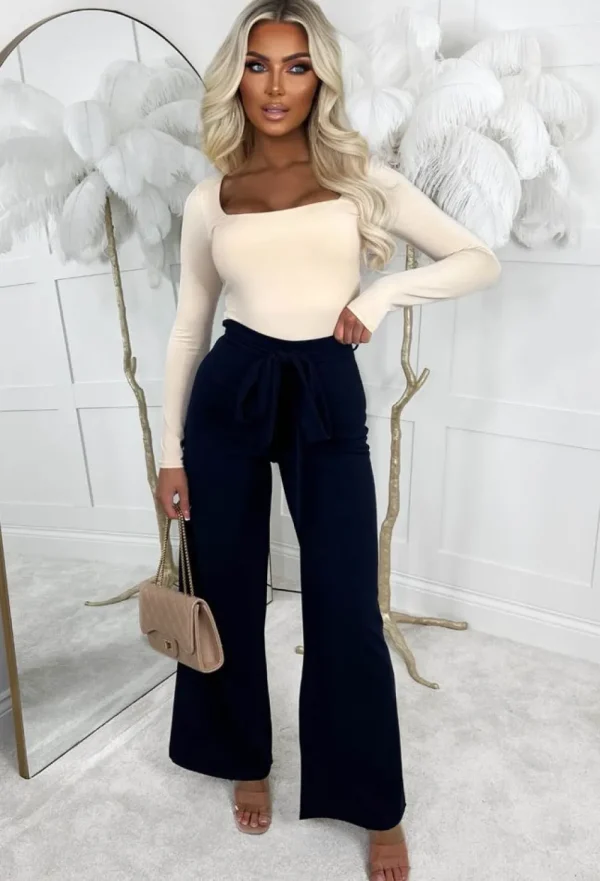 SOFT TOUCH Chic Couture Navy Belted Wide Leg Trousers<Women Trousers & Leggings