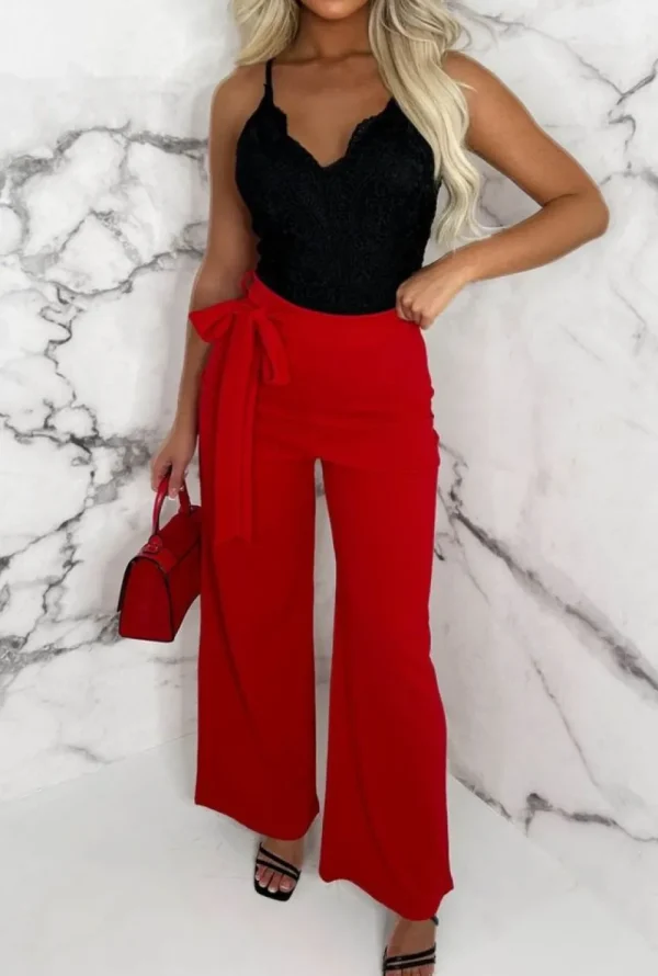 SOFT TOUCH Chic Couture Red Belted Wide Leg Trousers<Women Trousers & Leggings