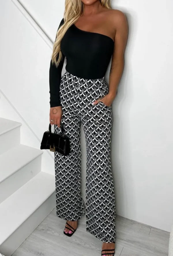 By Swan City Illusion Black Stretch Geometric Circle Wide Leg Trousers<Women Trousers & Leggings