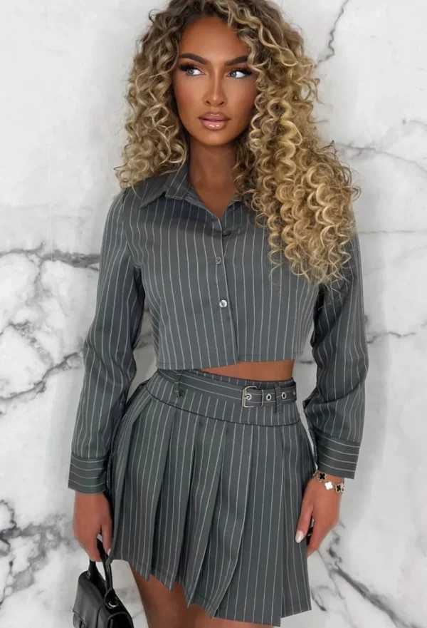 INFINITY City Slay Grey Pleated Skirt Pinstripe Co-Ord Outfit Set<Women Co-Ords