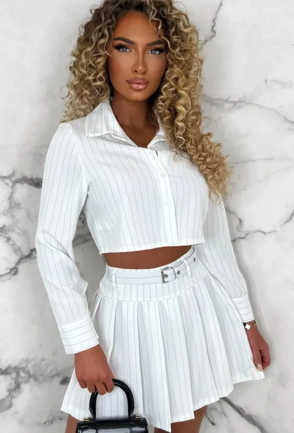 INFINITY City Slay Monochrome Pleated Skirt Pinstripe Co-Ord Oufit Set<Women Co-Ords