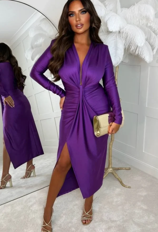 INFINITY Cocktail Chic Purple Stretch Long Sleeve Plunge Ruched Midi Dress<Women Dresses