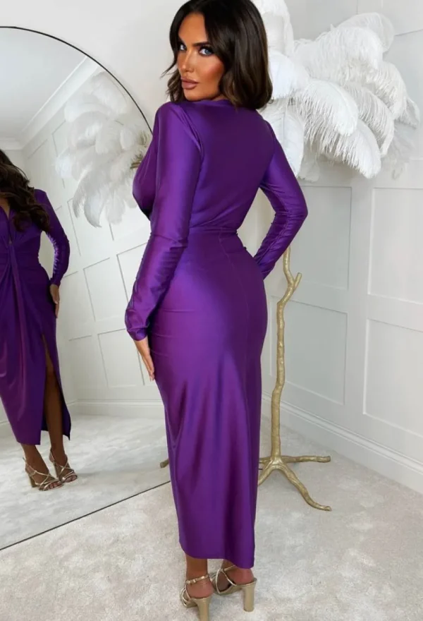 INFINITY Cocktail Chic Purple Stretch Long Sleeve Plunge Ruched Midi Dress<Women Dresses