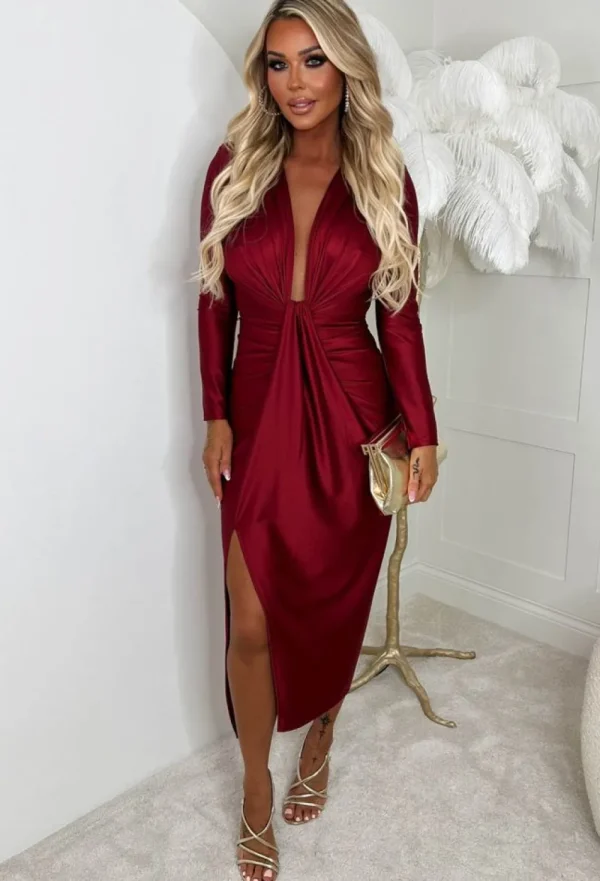 INFINITY Cocktail Chic Red Stretch Long Sleeve Plunge Ruched Midi Dress<Women Dresses