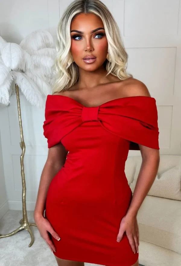 INSTA GIRL Cocktail Glam Red Bardot Bow Mini Dress<Women Dresses