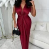 INFINITY Cocktail Hour Red Stretch Sleeveless Plunge Ruched Midi Dress<Women Dresses