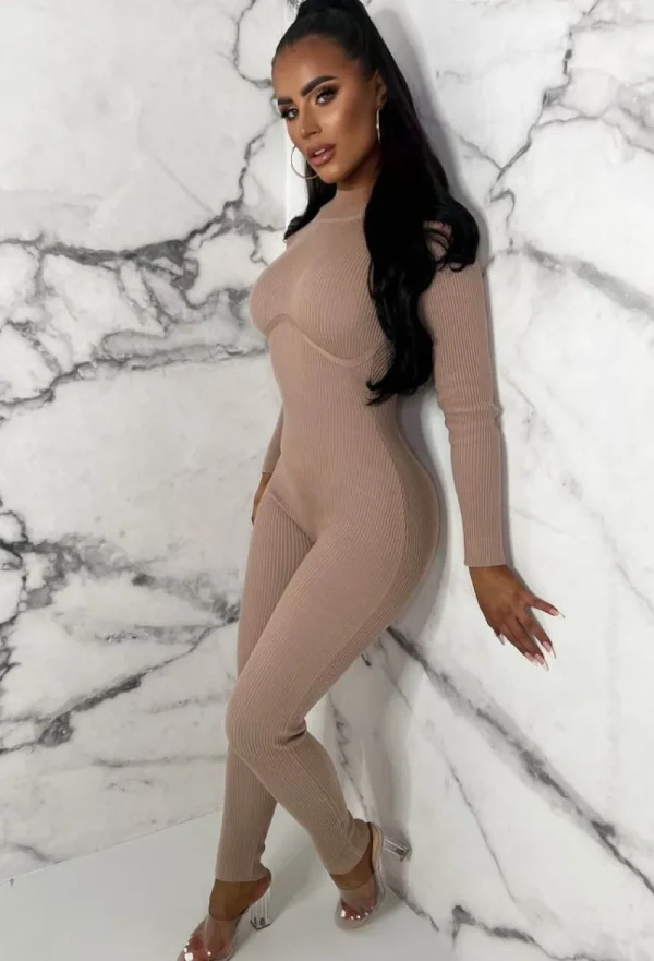 GOLDEN DAYS Cosy Illusion Taupe Knitted Rib Enhancing Zip Back Jumpsuit Limited Edition<Women Loungewear