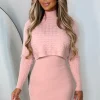 LEA MODE Cosy In Cable Pink Ultra Soft Knitted 2-In-1 Jumper And Midi Dress<Women Dresses