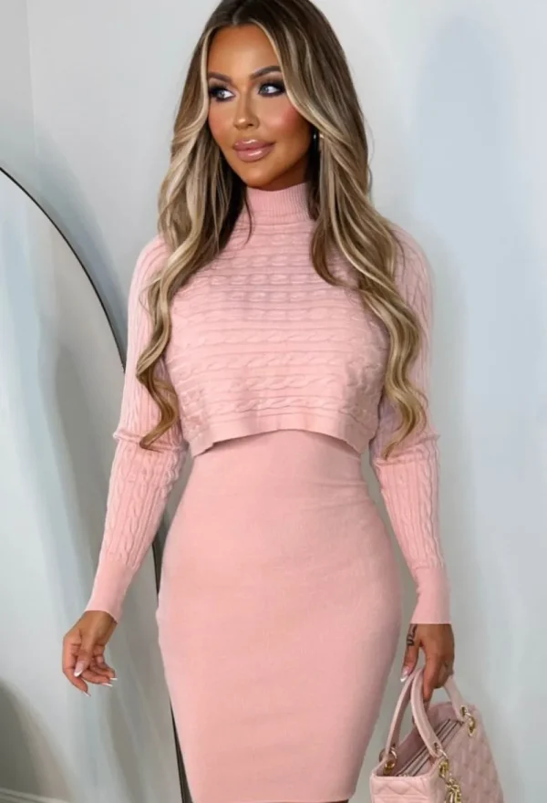 LEA MODE Cosy In Cable Pink Ultra Soft Knitted 2-In-1 Jumper And Midi Dress<Women Dresses