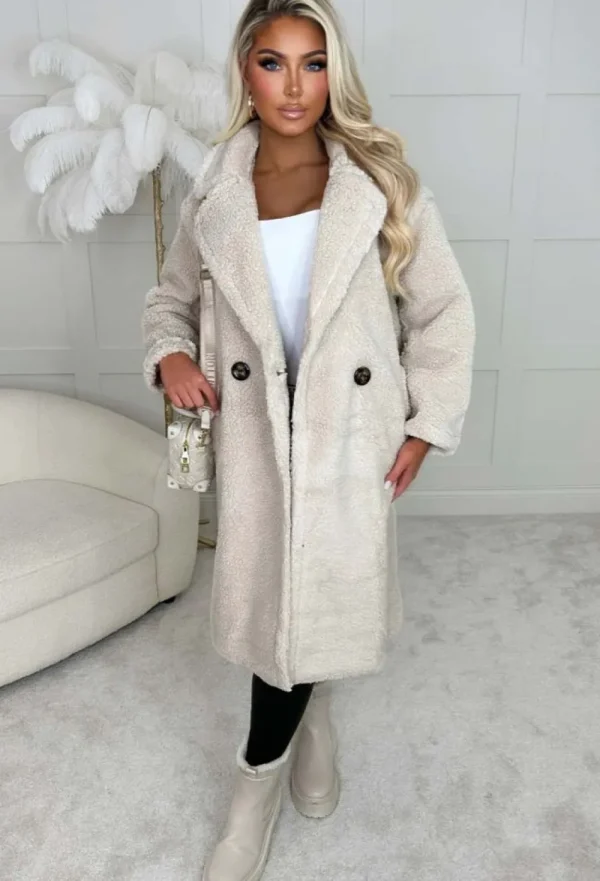 LEA MODE Cosy In The City Beige Double Breasted Teddy Coat<Women Coats And Jackets