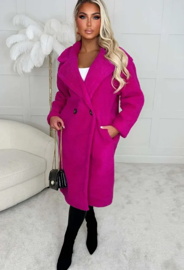 LEA MODE Cosy In The City Hot Pink Double Breasted Teddy Coat<Women Coats And Jackets