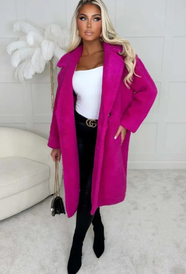 LEA MODE Cosy In The City Hot Pink Double Breasted Teddy Coat<Women Coats And Jackets