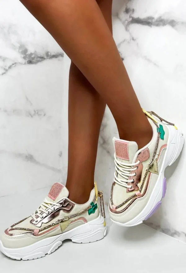 IDEAL SHOES Couture Allure Multi Diamante Chain Trim Colour Block Trainers Limited Edition<Women Trainers