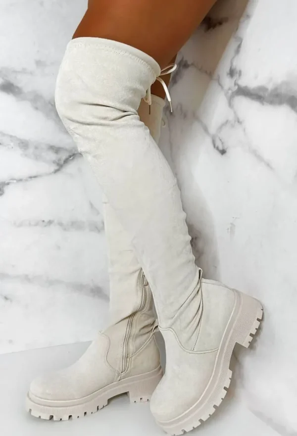 EWANYE Cream Dream Cream Faux Suede Flat Over The Knee Boots Limited Edition<Women Boots