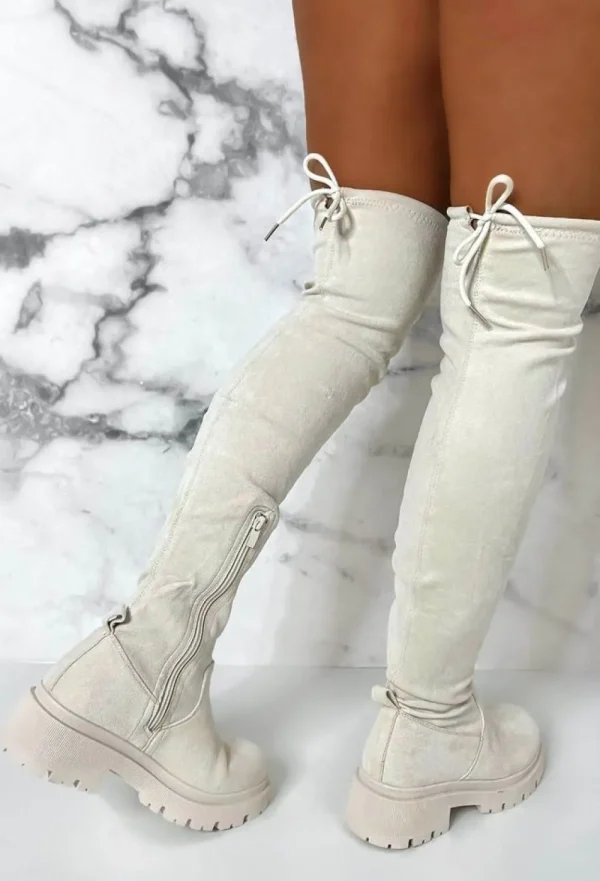 EWANYE Cream Dream Cream Faux Suede Flat Over The Knee Boots Limited Edition<Women Boots