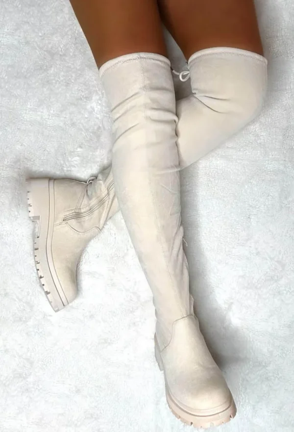 EWANYE Cream Dream Cream Faux Suede Flat Over The Knee Boots Limited Edition<Women Boots