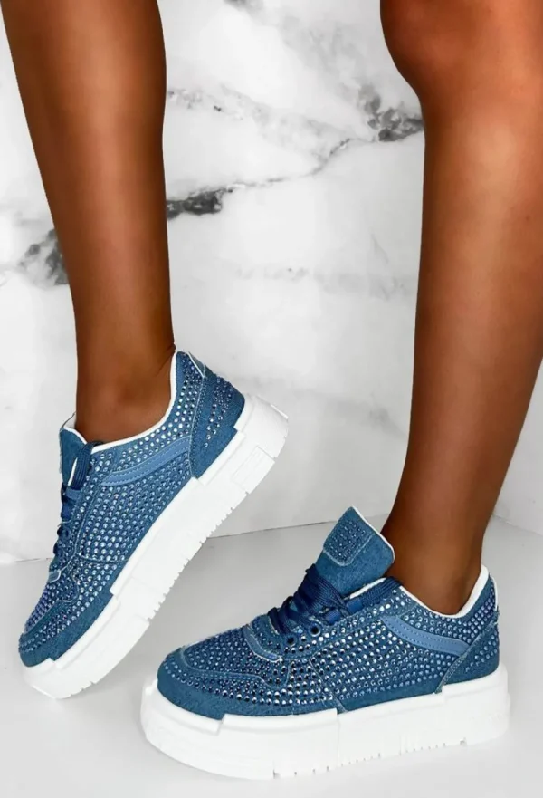 IDEAL SHOES Crystal Couture Mid Blue Denim Diamante Embellished Trainers Limited Edition<Women Trainers