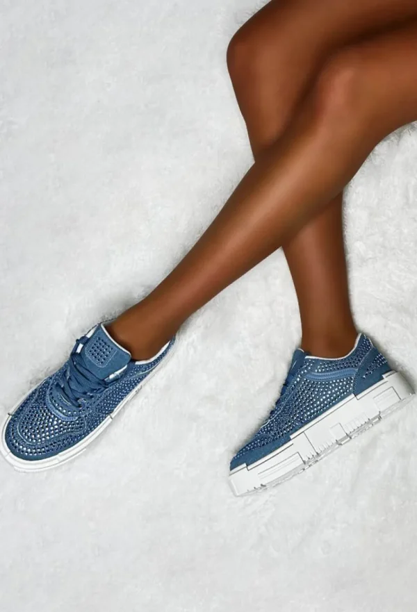 IDEAL SHOES Crystal Couture Mid Blue Denim Diamante Embellished Trainers Limited Edition<Women Trainers