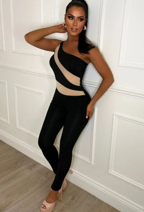 BABEZ Cut Above Black One Shoulder Mesh & Plain Jumpsuit<Women Jumpsuits