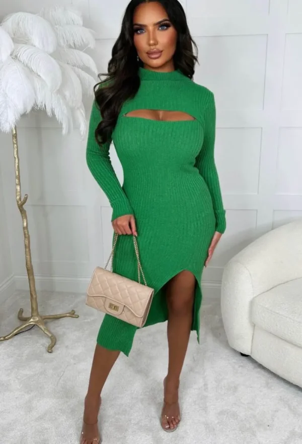 BE YOU Cut Him Off Green Cut Out Ribbed Knitted Midi Dress<Women Dresses