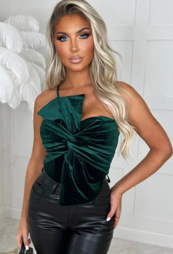 VJK Cute As A Bow Green Bow Front Velvet Bodysuit<Women Tops