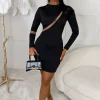 INFINITY Cutting Edge Black Mesh Panel Long Sleeve Mini Dress<Women Dresses