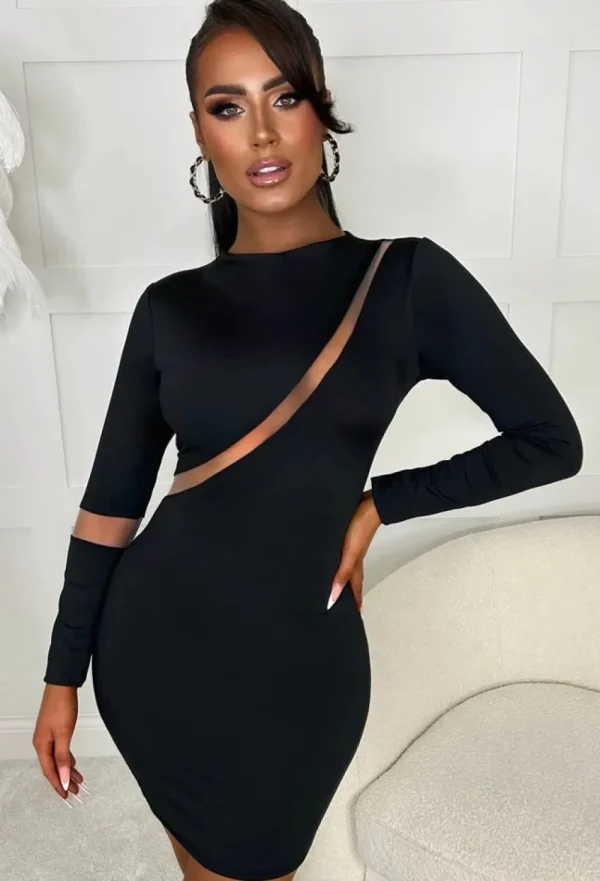 INFINITY Cutting Edge Black Mesh Panel Long Sleeve Mini Dress<Women Dresses