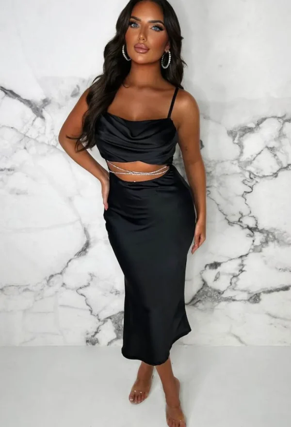 INFINITY Dazzled In Diamonds Black Stretch Back Satin Cut Out Diamante Belted Midi Dress<Women Dresses