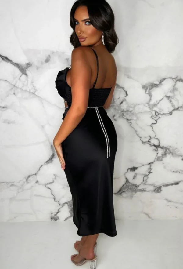 INFINITY Dazzled In Diamonds Black Stretch Back Satin Cut Out Diamante Belted Midi Dress<Women Dresses