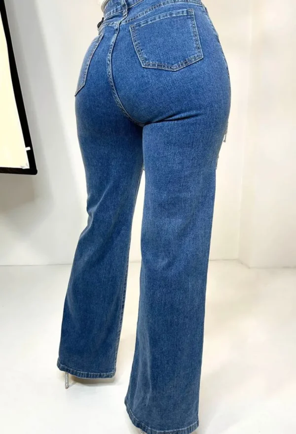 FLAM MODE Dazzling Design Mid Blue Stretch Diamante Slashed Detail Wide Leg Jeans<Women Jeans