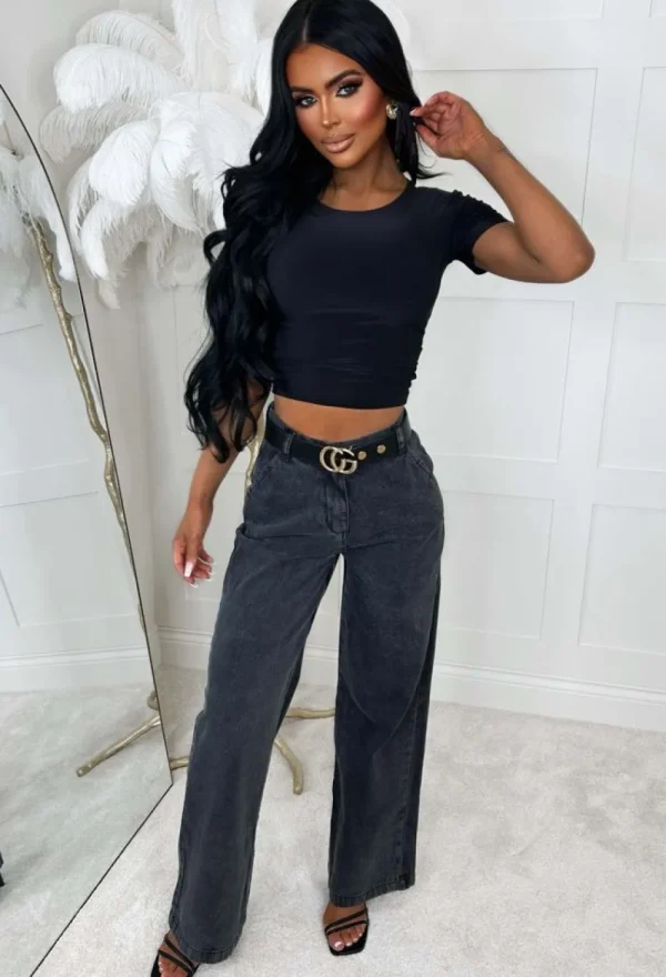 STYLEWISE Denim Daze Black Wide Leg Jean With Elasticated Back Waistband<Women Jeans