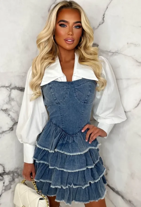 IVIVI Denim Doll Blue Denim Frilled Skirt Bandeau Mini Dress Limited Edition<Women Dresses