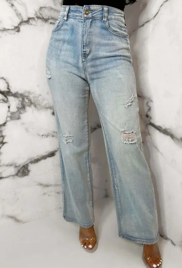 FABS FASHION Denim Escape Light Blue Stretch Wide Leg Distressed Jeans<Women Denim