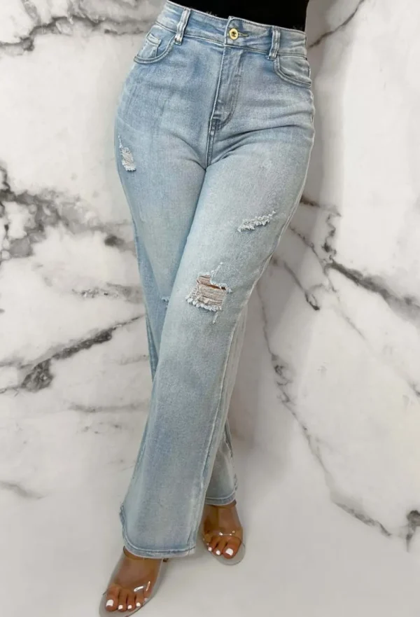 FABS FASHION Denim Escape Light Blue Stretch Wide Leg Distressed Jeans<Women Denim