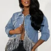 FABS FASHION Denim Shimmy Mid Blue Denim Jacket With Sequin Tassel Detail<Women Denim