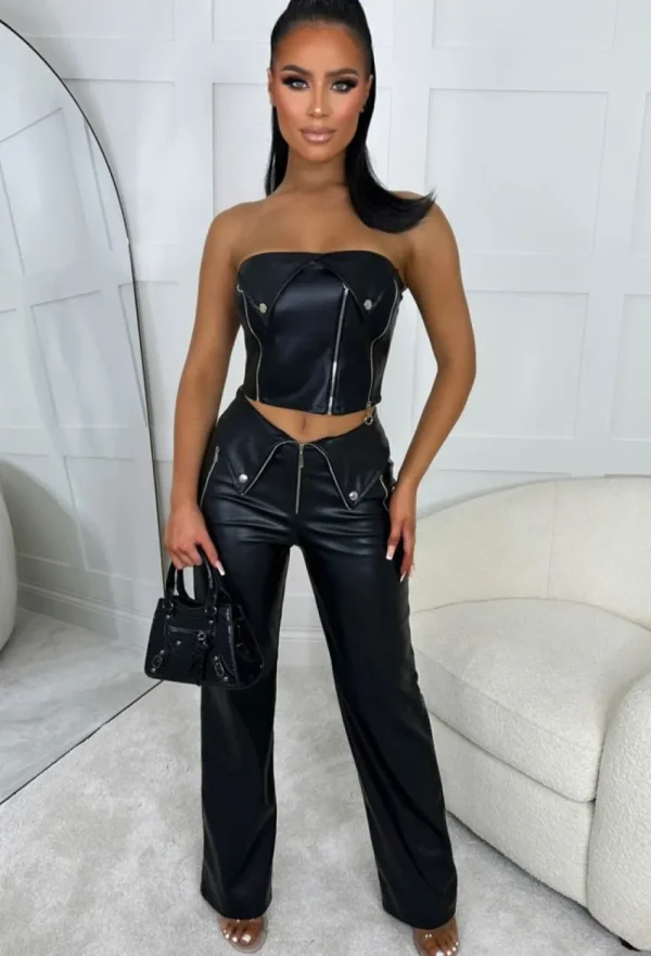 STYLEWISE Diva Nights Black Faux Leather Zip Detail Straight Leg Trousers<Women Trousers & Leggings